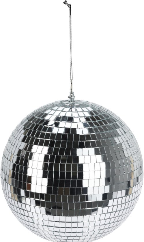 Grande boule disco argentée de 25 cm, recouverte de miroirs, suspendue à un fil.
