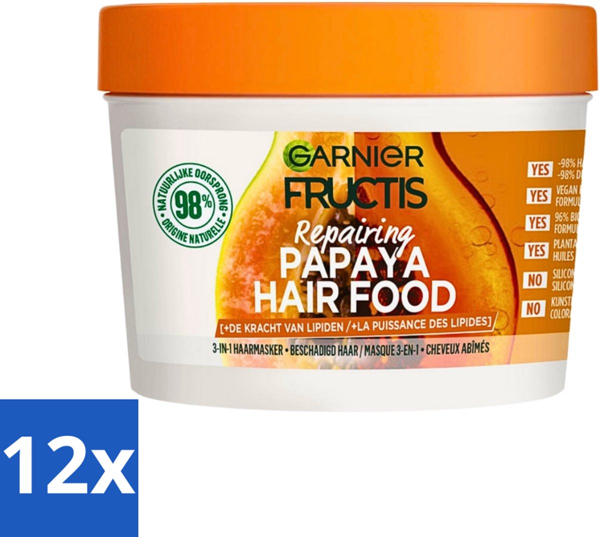 12 x Garnier - Fructis Hair Food Papaya - 3-in-1 Haarmasker - Beschadigd Haar - 400 ml - Haar Masker - Papaya - Beschadigd Haar - Haar Herstel - Voedend Masker