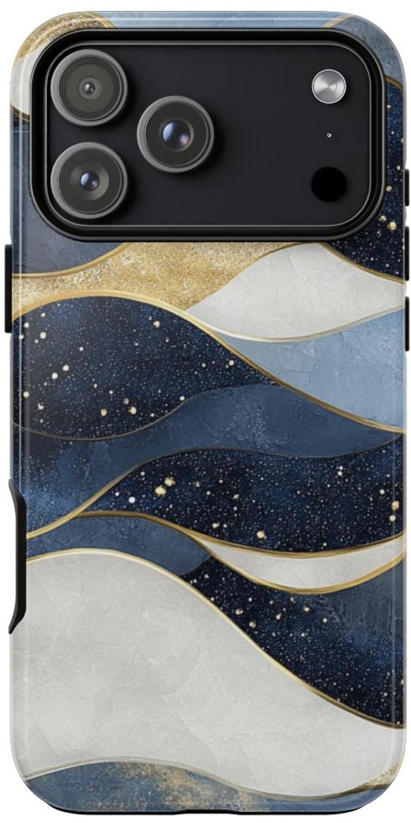 Abstract Blauw-Goud Golvenpatroon – Telefoonhoesje Geschikt voor iPhone 17 Pro Max