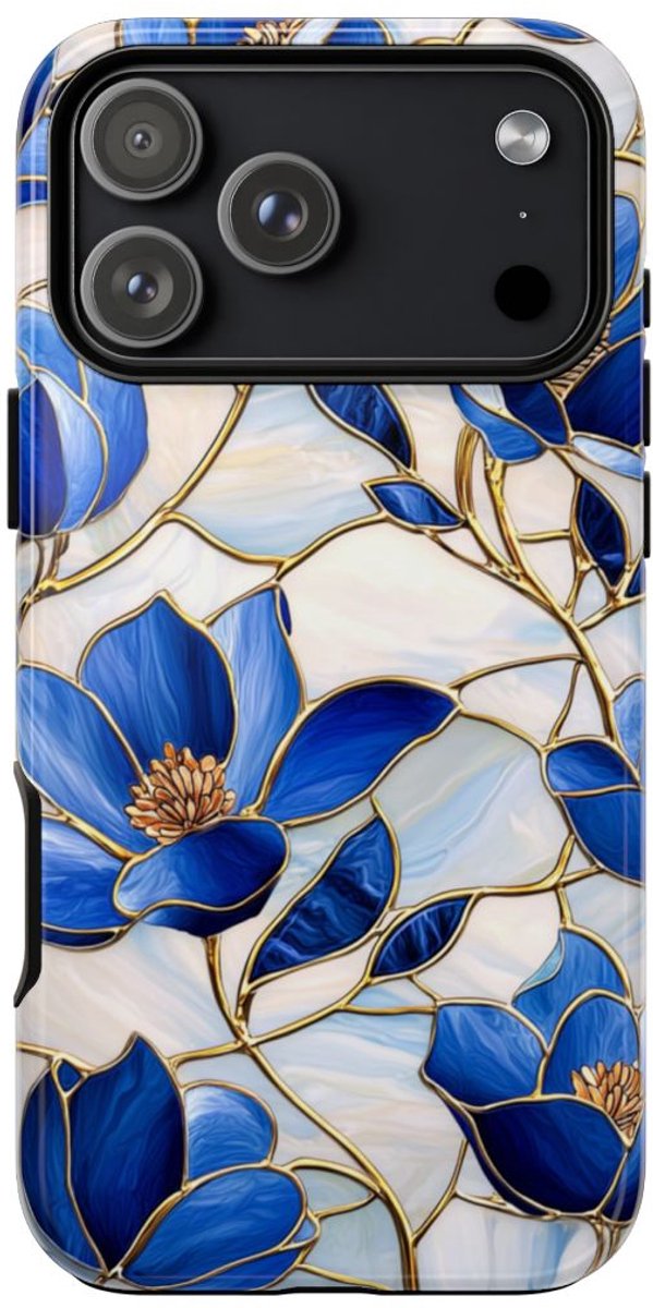 Blauw Gebloemd Glas-in-loodpatroon – Telefoonhoesje Geschikt voor iPhone 17 Pro Max