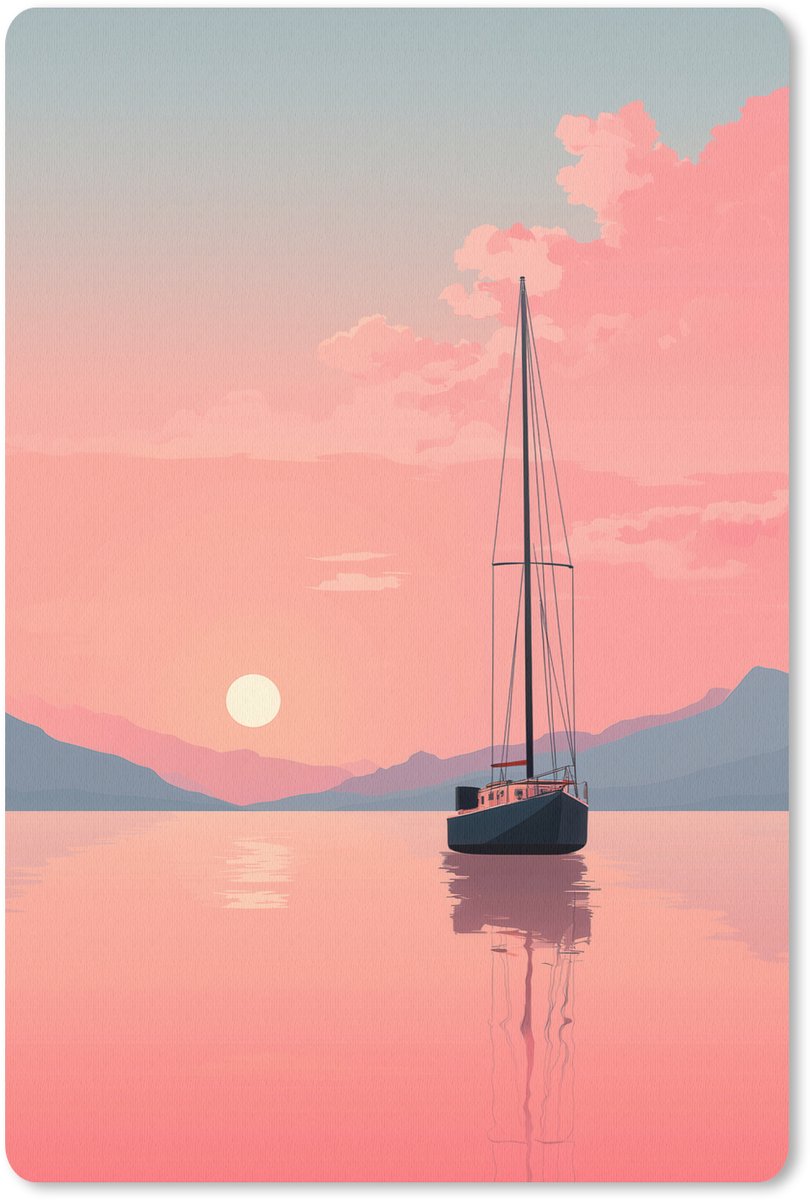 Muismat 18x27 cm - Mousepad Zeilboot - Roze zee - Zonsondergang - Bergen - Muismatten