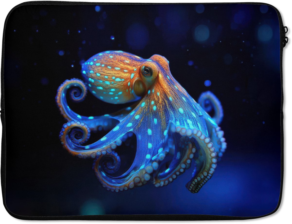 Laptophoes 17 inch - Octopus - Stippen - Blauw - Zee - Laptop sleeve - Binnenmaat 41x28 cm - Zwarte achterkant