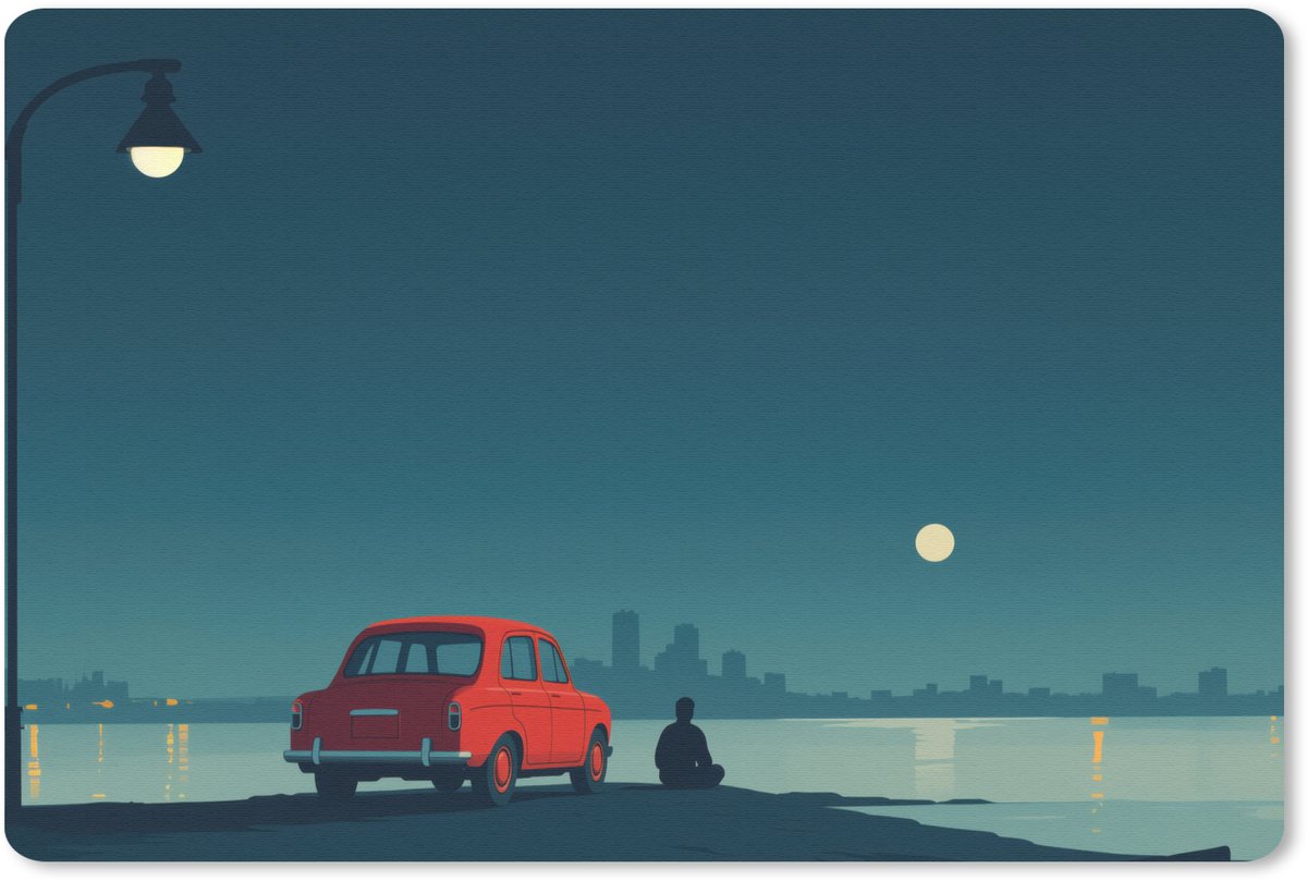 Muismat 27x18 cm - Mousepad Auto - Volle maan - Uitkijkend over water - Muismatten