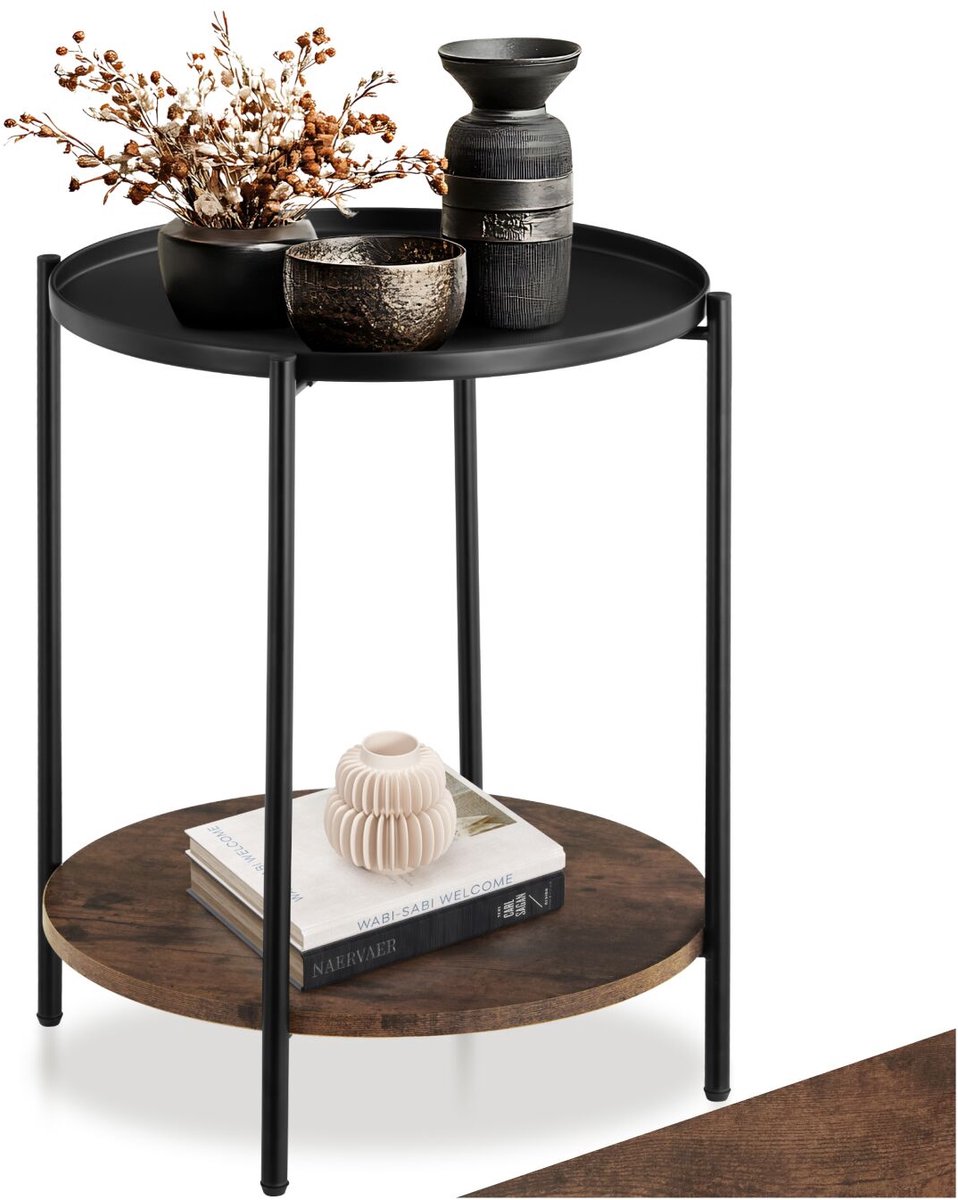 tectake® Ronde Bijzettafel van Metaal en Hout – Salontafel met 2 Niveaus, Uitneembaar Dienblad, Voor Woonkamer of Slaapkamer, Zwart Metalen Frame – Industrial Dark Brown