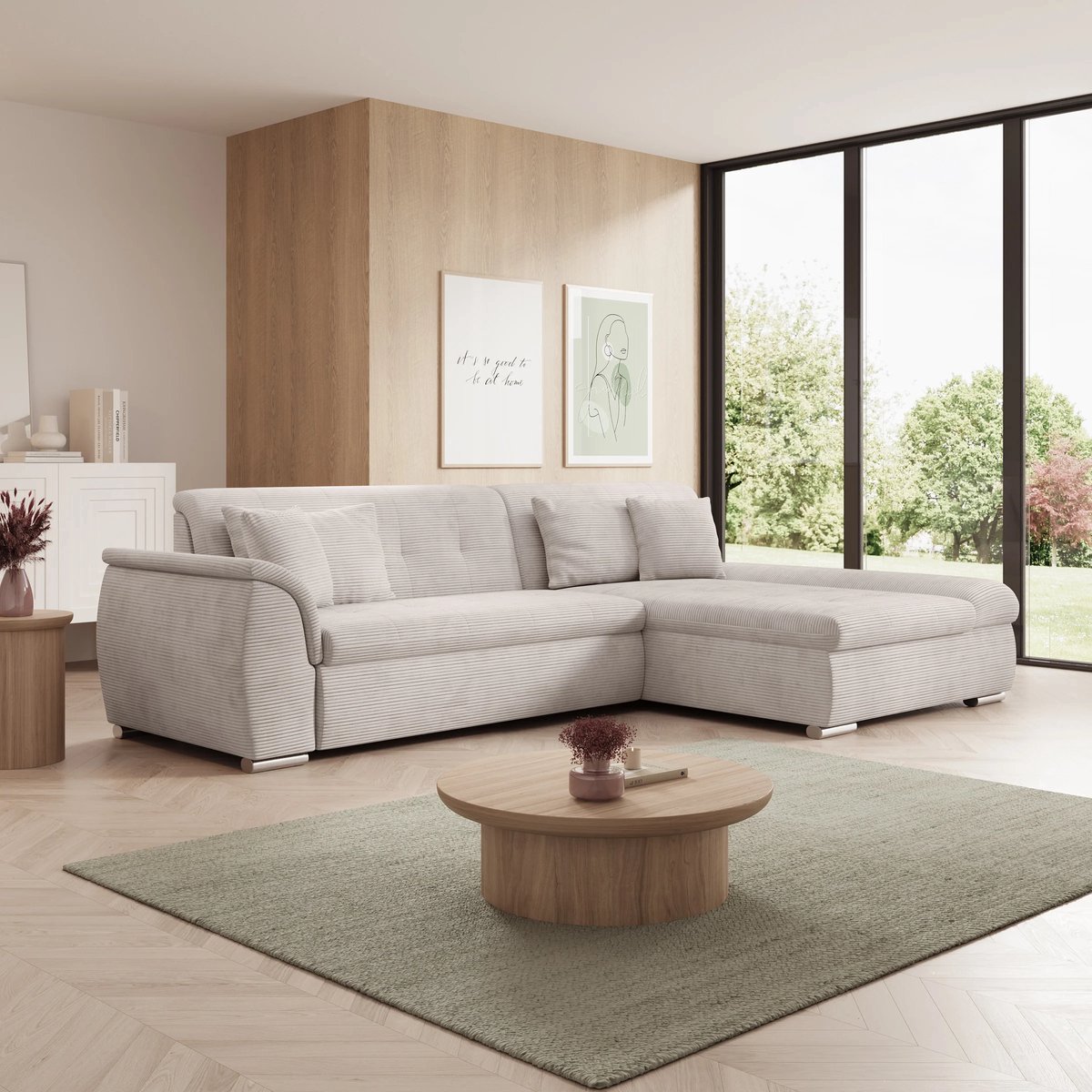 MEUBELLA Hoekbank Alberta - Beige - Ribstof - Rechts