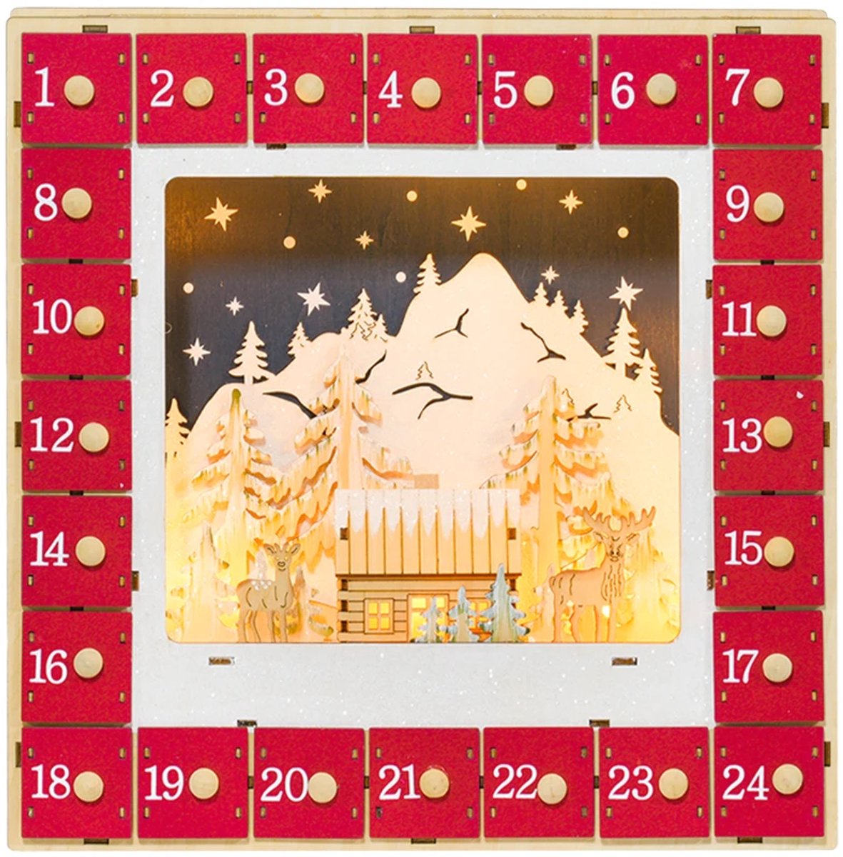 Adventskalender met Dorpsgezicht - Adventskalenderbox - met 24 Lades te Vullen - Kerstdecoratie - LED-verlichting - Voor Jongens en Meisjes - Countdown Kalender - Het Perfecte Kerstcadeau - Rood