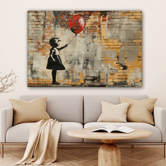 Peinture sur toile 120x80 cm - Décoration murale Graffiti - Style Banksy - Fille avec ballon - Décoration murale murale salon - Décoration chambre - Accessoires de chambre - Peintures