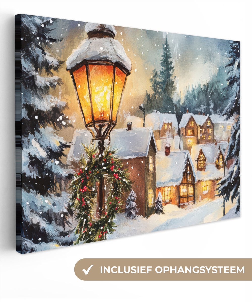 Canvas schilderij 80x60 cm - Wanddecoratie Kerstdorp - Huizen - Sneeuw - Kerst - Muurdecoratie woonkamer - Slaapkamer decoratie - Kamer accessoires - Schilderijen op canvas - Kerstdecoratie voor binnen - Kerstversiering - Kerstmis versiering