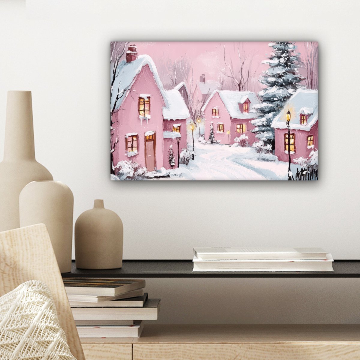 Canvas schilderij 30x20 cm - Wanddecoratie Kerstdorp - Roze - Winter - Sneeuw - Huizen - Muurdecoratie woonkamer - Slaapkamer decoratie - Kamer accessoires - Schilderijen op canvas - Kerstdecoratie voor binnen - Kerstversiering - Kerstmis versiering – foto 7
