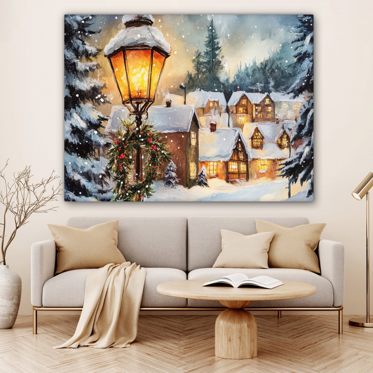 Canvas schilderij 160x120 cm - Wanddecoratie Kerstdorp - Huizen - Sneeuw - Kerst - Muurdecoratie woonkamer - Slaapkamer decoratie - Kamer accessoires - Schilderijen op canvas - Kerstdecoratie voor binnen - Kerstversiering - Kerstmis versiering – foto 2