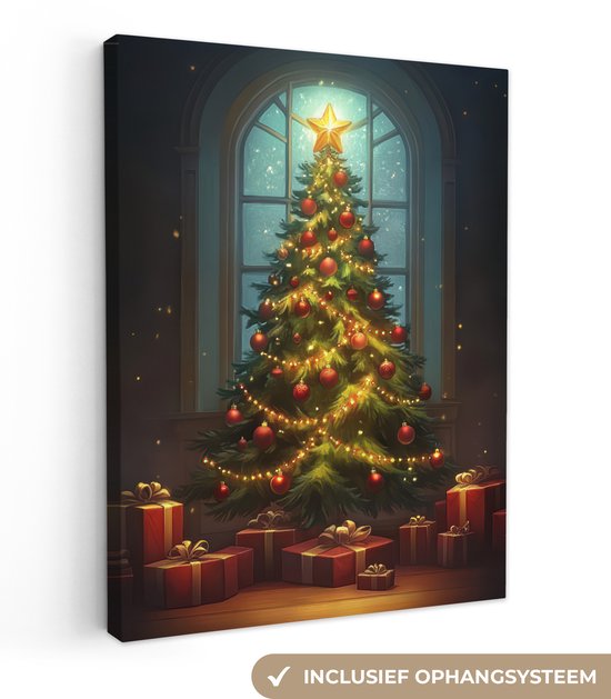 Canvas schilderij 60x80 cm - Wanddecoratie Kerstboom - Cadeau - Kerst - Winter - Muurdecoratie woonkamer - Slaapkamer decoratie - Kamer accessoires - Schilderijen op canvas - Kerstdecoratie voor binnen - Kerstversiering - Kerstmis versiering
