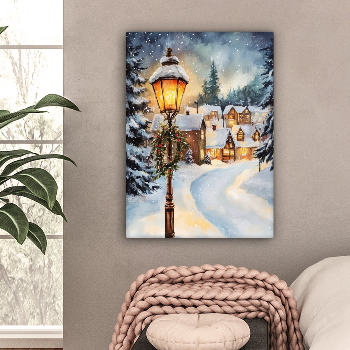 Canvas schilderij 60x80 cm - Wanddecoratie Kerstdorp - Huizen - Sneeuw - Kerst - Muurdecoratie woonkamer - Slaapkamer decoratie - Kamer accessoires - Schilderijen op canvas - Kerstdecoratie voor binnen - Kerstversiering - Kerstmis versiering – foto 4