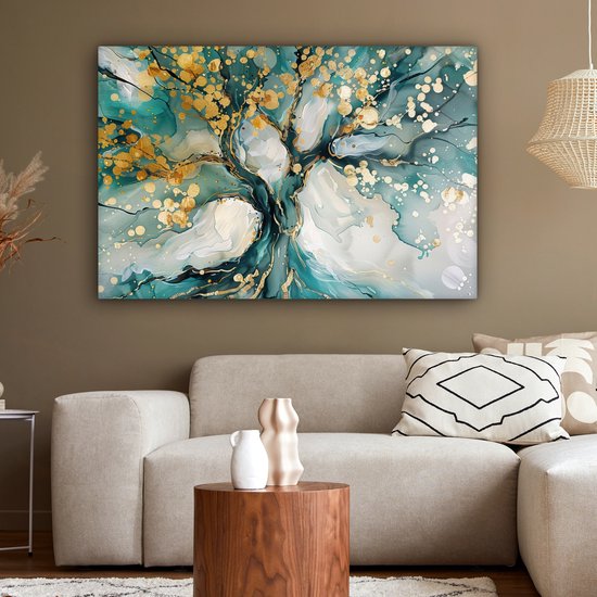 Canvas schilderij 120x80 cm - Wanddecoratie Boom - Modern - Verflook - Turquoise - Goud - Muurdecoratie woonkamer - Slaapkamer decoratie - Kamer accessoires - Schilderijen op canvas