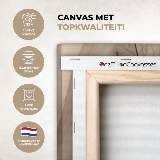 Close-up van de achterkant van een canvas schilderij met de tekst 'CANVAS MET TOPKWALITEIT!' en het logo van OneMillionCanvasses.