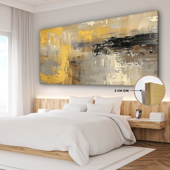 Tableau sur toile 200x100 cm - Décoration murale Abstraite - Jaune - Moderne - Beige - Décoration murale salon - Décoration chambre - Accessoires chambre - Peintures sur toile