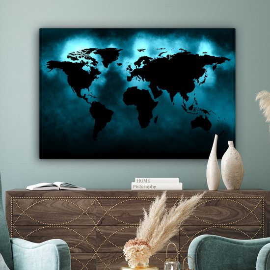 Peintures Toile Wereldkaart - Zwart - Blauw - 150x100 cm - Décoration murale