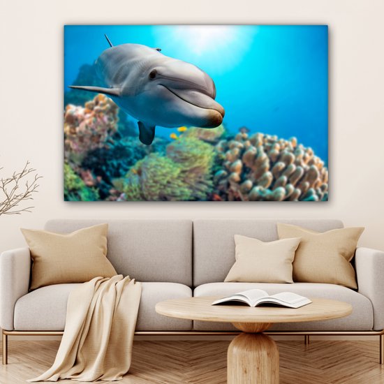 Canvas schilderij 120x80 cm - Wanddecoratie Dolfijn - Zee - Koraal - Muurdecoratie woonkamer - Slaapkamer decoratie - Kamer accessoires - Schilderijen op canvas