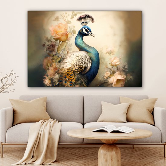 Peinture sur toile Paon - Plumes de paon - Fleurs - Vogels - Botanique - 150x100 cm - Décoration murale