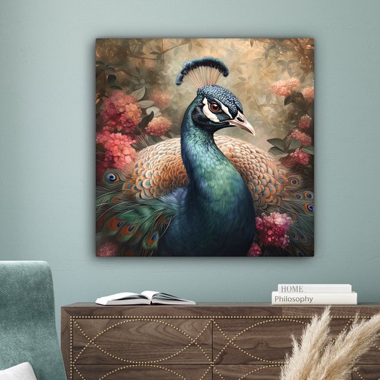 Tableau sur toile Paon - Vogel - Fleurs - Plantes - Plumes de Paon - 90x90 cm - Décoration murale