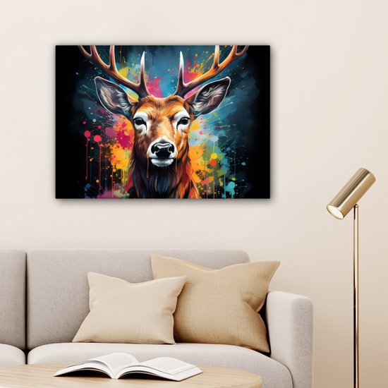 Tableau sur toile Cerf - Graffiti - Animaux - Couleurs - 80x60 cm - Décoration murale