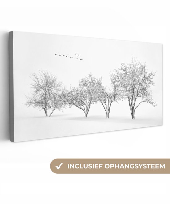 Canvas schilderij 160x80 cm - Wanddecoratie Bomen - Zwart wit - Natuur - Vogels - Muurdecoratie woonkamer - Slaapkamer decoratie - Kamer accessoires - Schilderijen op canvas