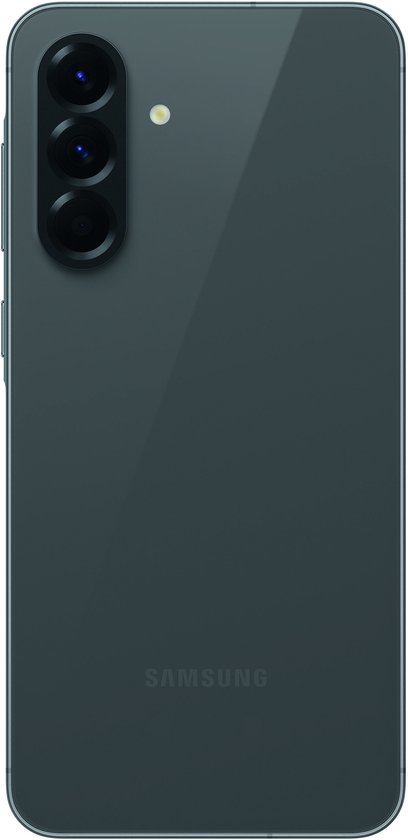 Grijze Samsung Galaxy A56 5G smartphone, achterkant met drie camera's en Samsung logo.