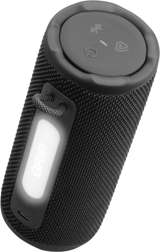 Zwarte JBL draagbare speaker met een grijze bovenkant met knoppen en een verlichte 'GRIP' band.