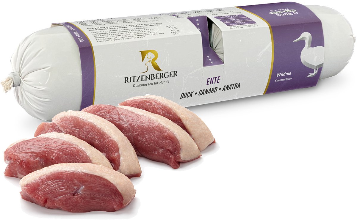 Ritzenberger Eend met bessen gestoomde worst. Doos 24 x 400. Totaal 9.6 kilo