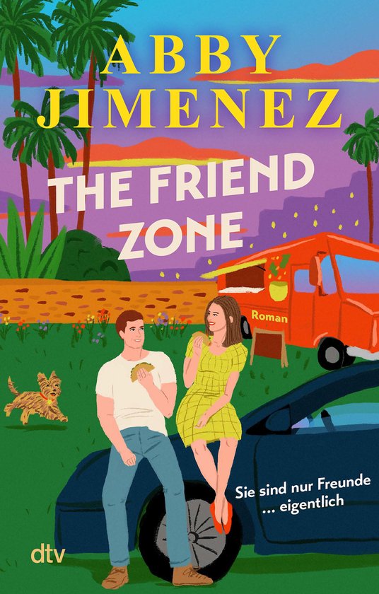 La couverture de 'The Friend Zone' montre un couple sur le capot d'une voiture, avec un petit chien et un food truck en arrière-plan. Robe à carreaux jaunes.
