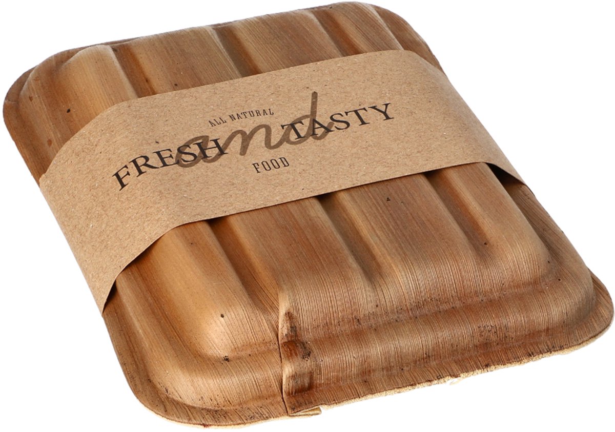 Image of 10 Dienbladen, palmblad pure hoekig 300 ml 5,5 cm x 13,5 cm x 17,5 cm met deksel en sleeve
