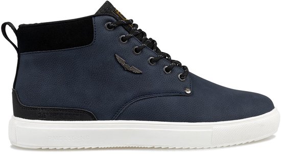 Donkerblauwe hoge sneaker met zwarte veteroogjes, witte zool en 'PME LEGEND' op de zijkant.