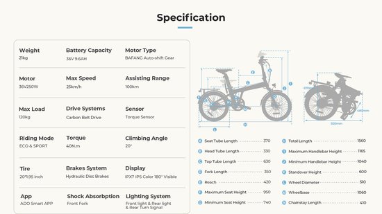 ADO Air 20PRO Elektrische fiets | bafang motor |vouwfiets | riemaandrijving | stadsfiets | 20 inch | hydraulische remmen | E-PRODUCTEN | achterrek | met gereedschap | Blauw — afbeelding 4