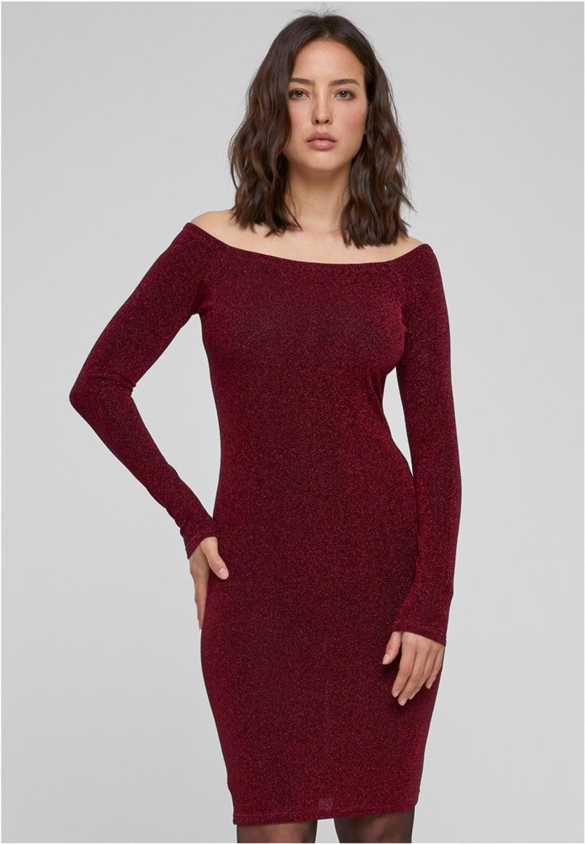Urban Classics Off Shoulder Longsleeve Glitter Bodycon jurk L Rood