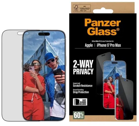 Transparante iPhone-screenprotector en zwarte PanzerGlass verpakking met de tekst '2-WAY PRIVACY'.