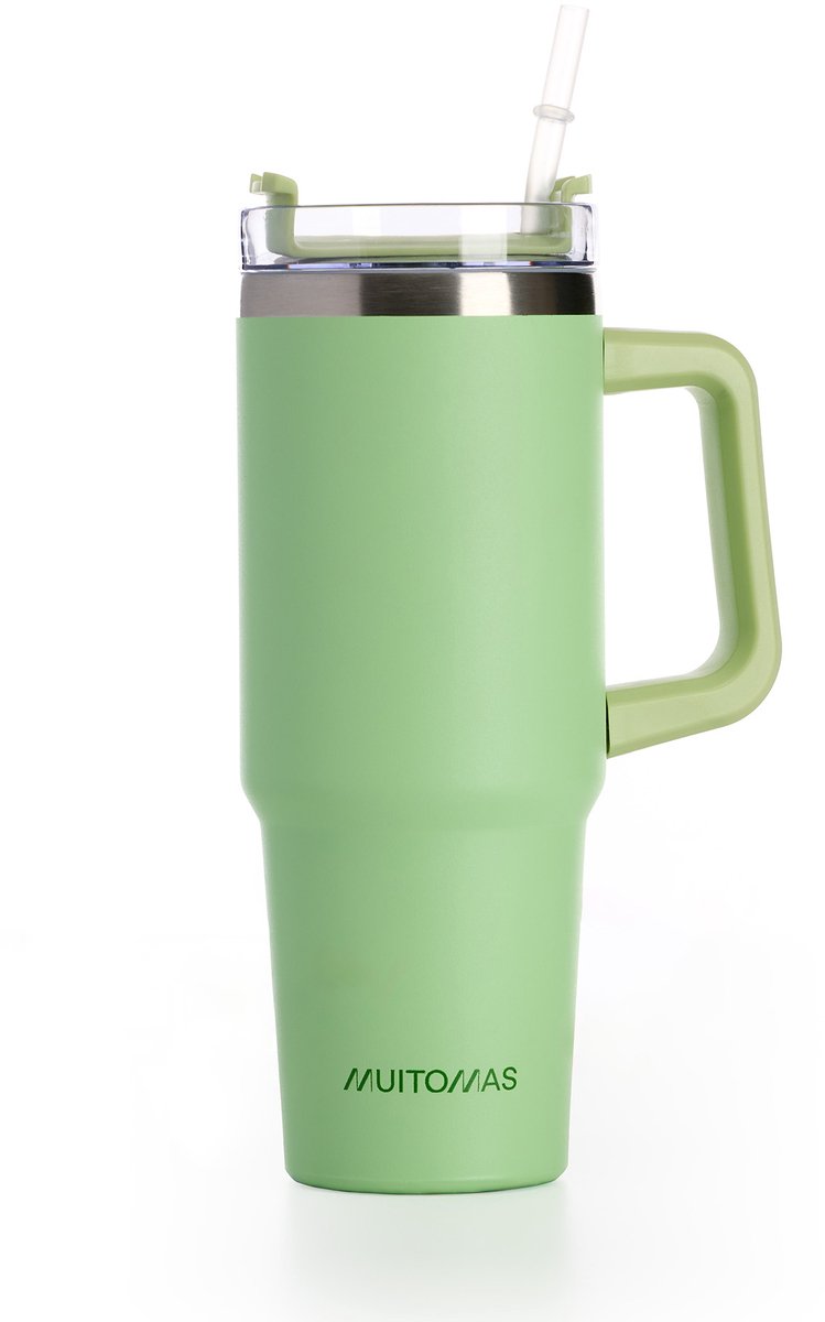 Muitomas Reismok - Travel Mug - Dubbele geïsoleerde wand - Praktisch rietje & handvat - 900ml - Groen