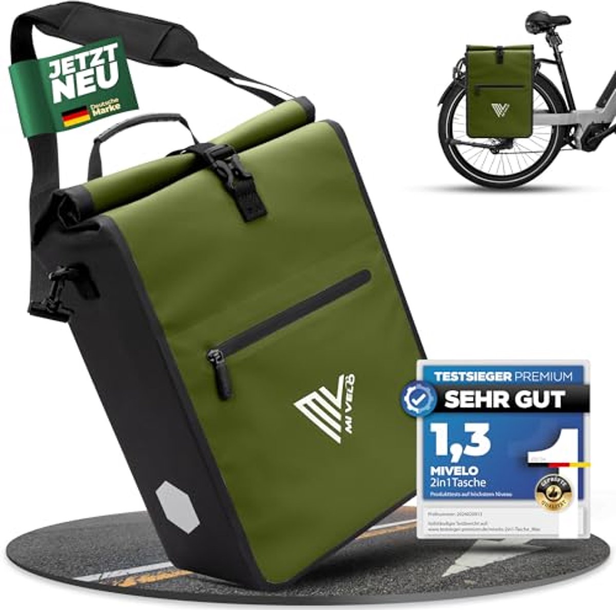 2-in-1 Fietstas voor Bagagedrager - Waterdichte Fietstas en Rugzak (Groen, 25 Liter)
