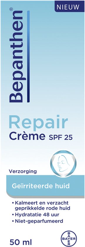 Bepanthen Repair Crème SPF 25, 50 ml. Verzorging voor geïrriteerde huid. Kalmeert en verzacht geprikkelde rode huid. Hydratatie 48 uur. Niet-geparfumeerd.