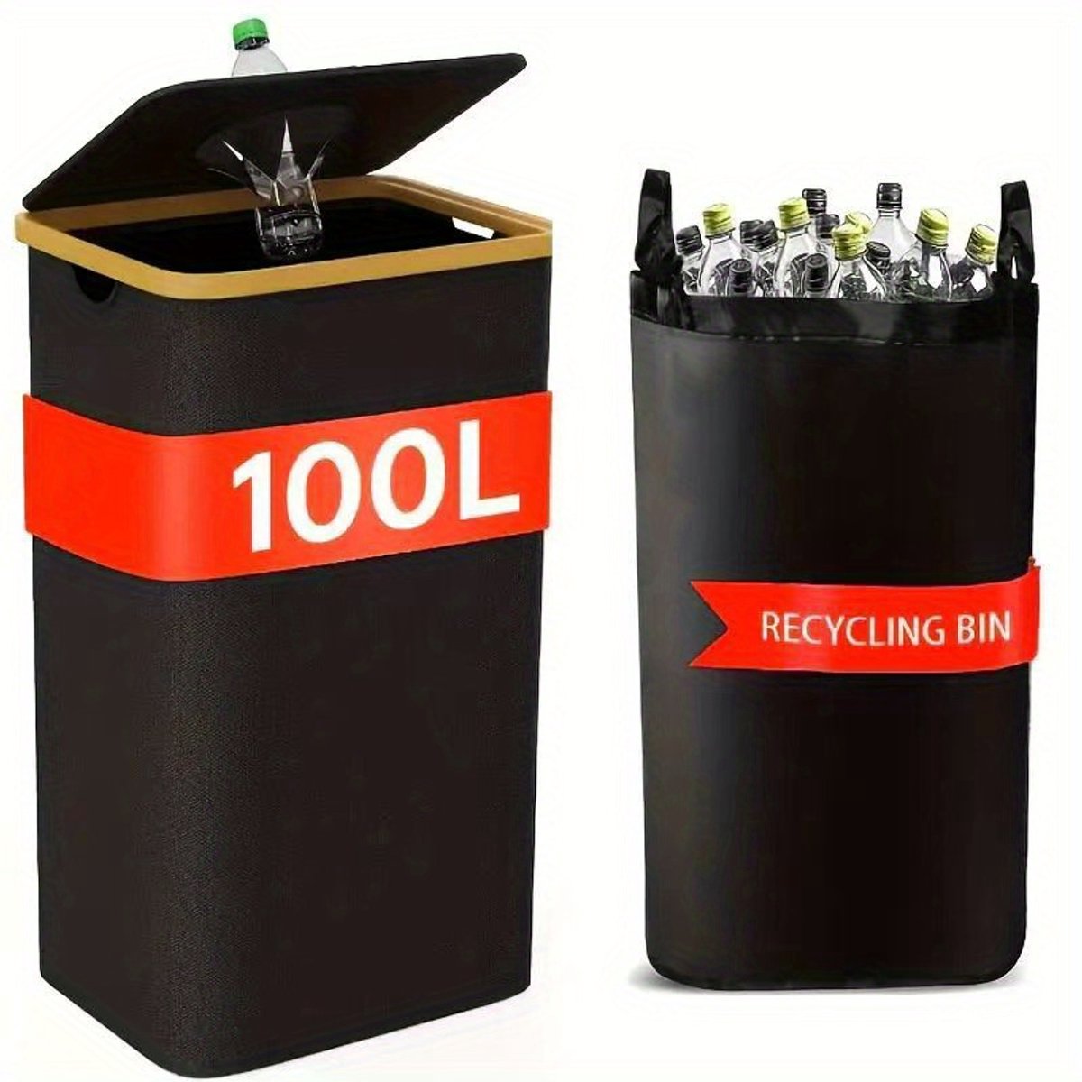Grote 100 liter Flessenverzamelaar voor selectieve sortering Afvalbak Afvalscheiding met deksel en 1 handzakken - Recycling voor glas, papier en kunststof - Zwart Prullenbakken