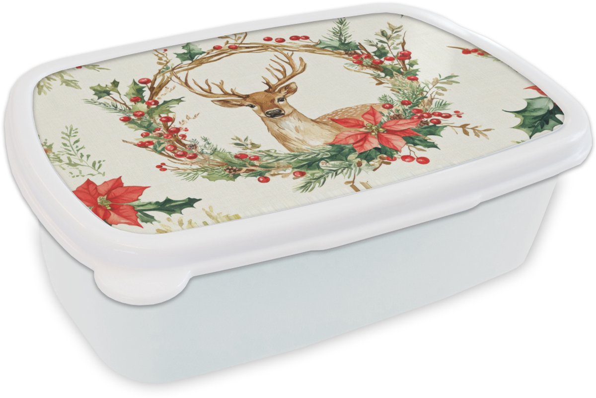 Broodtrommel Wit - Lunchbox Kerstkrans - Hert - Hulst - Rood - Brooddoos 18x12x6 cm - Brood lunch box - Broodtrommels voor kinderen en volwassenen