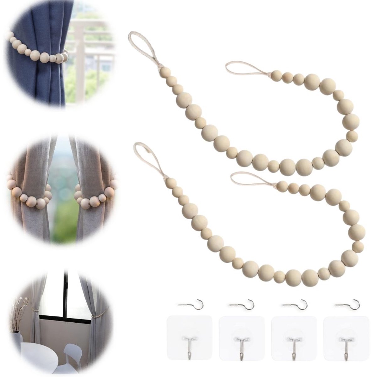 2 gordijnbanden, gordijnbevestiging met houten kralen, wandgordijnbanden, gordijnbanden met kralen, geschikt voor slaapkamer, eetkamer, woonkamer, kinderkamer, kantoordecoratie (50 cm, crèmewit)