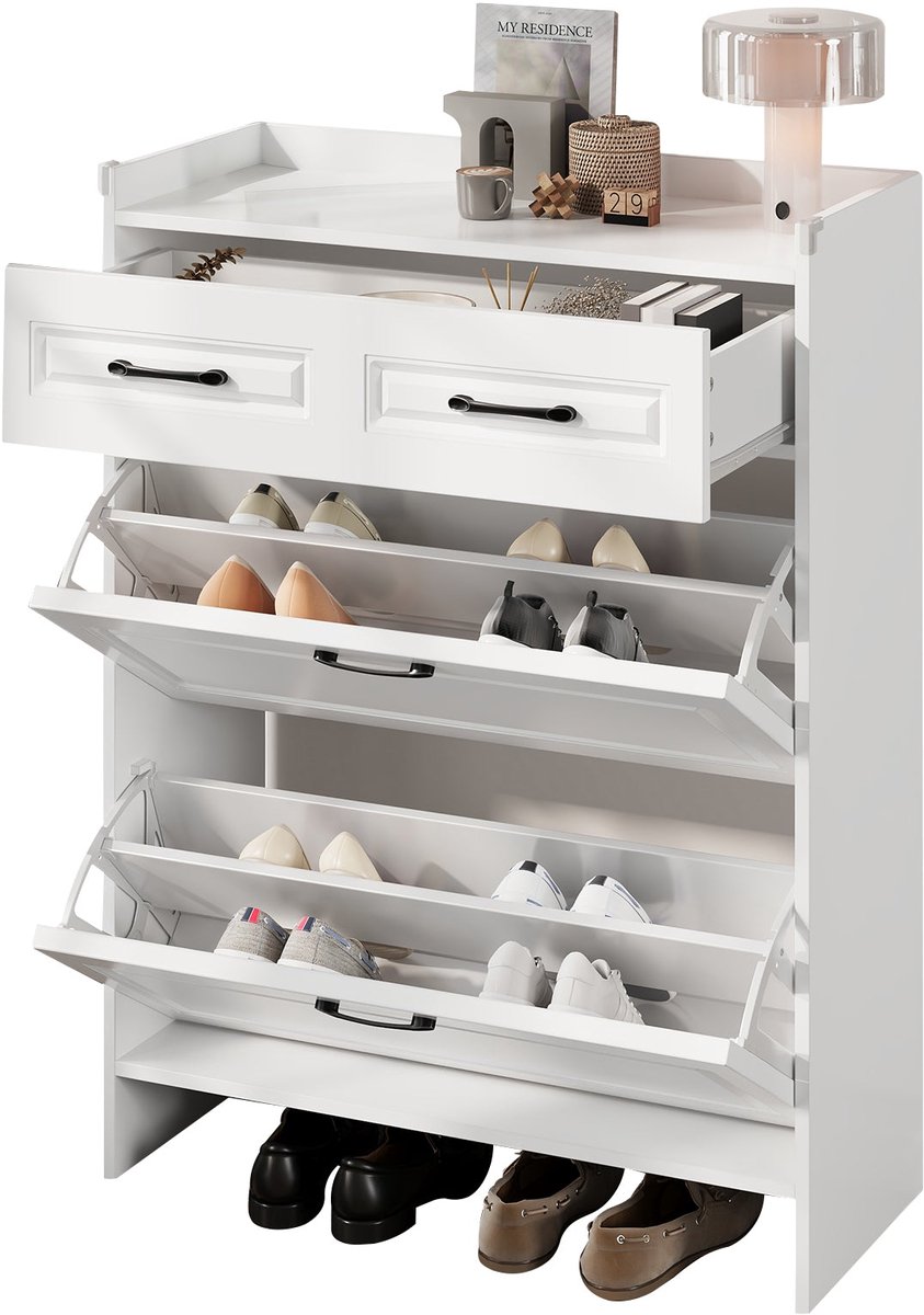Merax Witte Schoenenkast met 4 Opbergvakken en 1 Lade - Smalle Schoenenkast met Klepdeuren - Moderne Opbergkast voor Hal of Entree - 80 x 34 x 107.5 cm