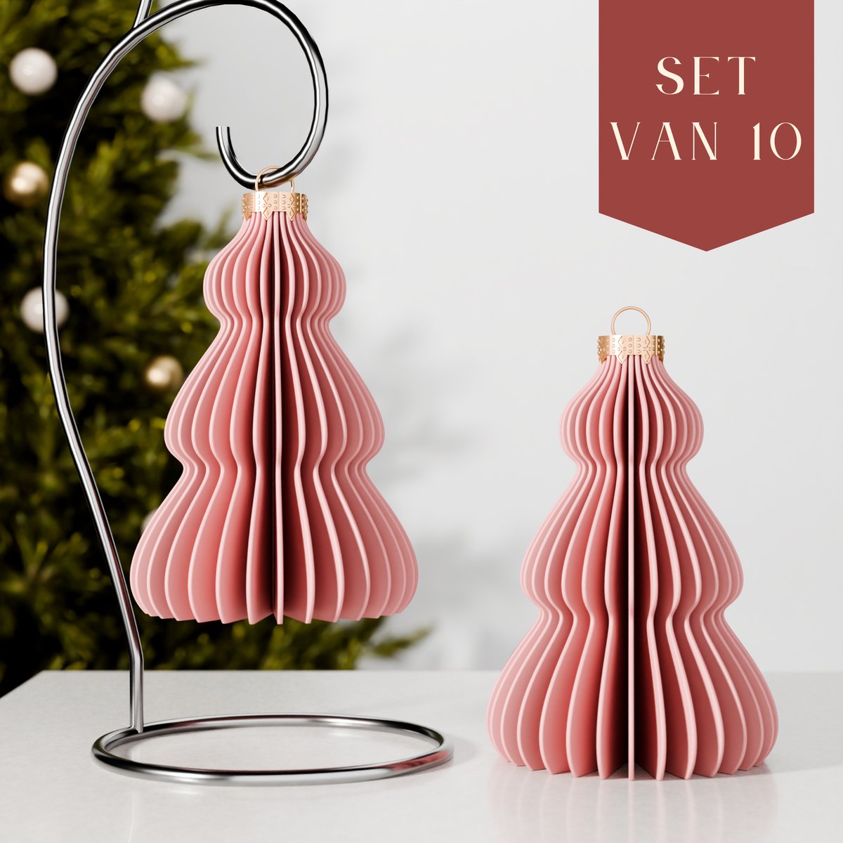 Fleuriek – Luxe kerstbal kerstboom – Roze, 10 stuks – Onbreekbare kunststof kerstornamenten – Boomvormige kerstballen, trendy kerstversiering met matte afwerking