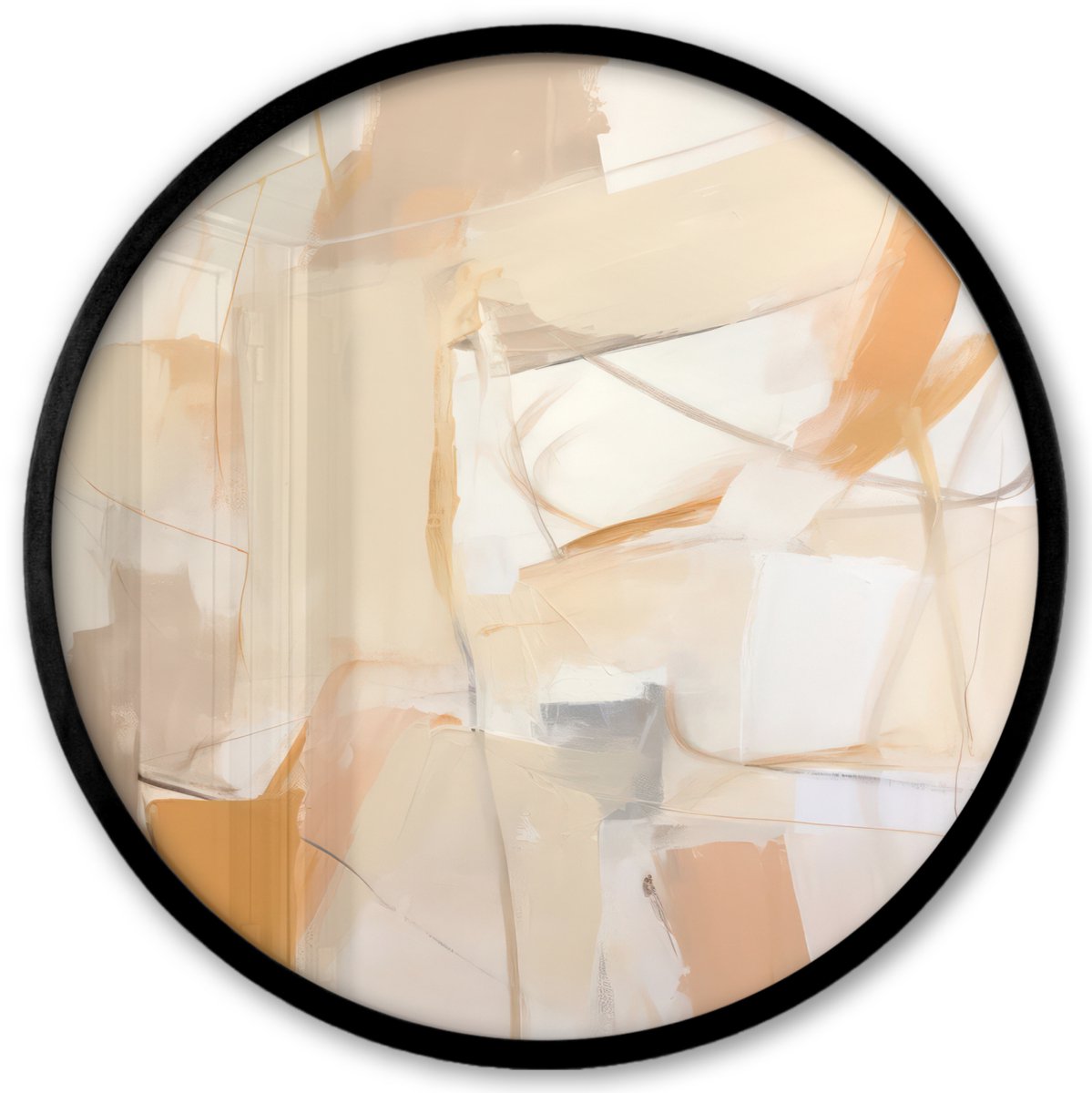 FrameYourWall Poster in lijst Rond - Fotolijst 40x40 cm - Posters - Abstract - Beige - Oranje - Kunst - Modern - Ronde posterlijst zwart - Decoratie - Wanddecoratie woonkamer - Muurdecoratie slaapkamer Abstracte verf