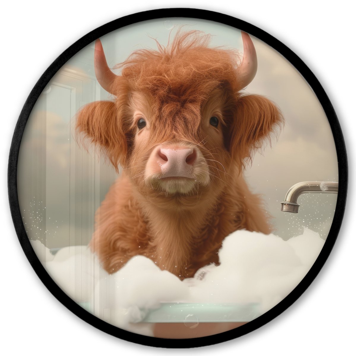 FrameYourWall Poster in lijst Rond - Fotolijst 40x40 cm - Posters - Schotse hooglander - Bad - Schuim - Koe - Ronde posterlijst zwart - Decoratie - Wanddecoratie woonkamer - Muurdecoratie slaapkamer