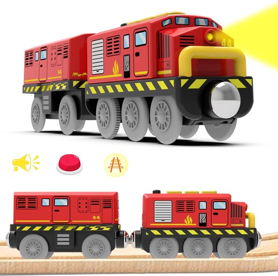 Treinspeelgoed - Elektrische locomotief, houten trein voor kinderen - Locomotief (magnetische verbinding) - Locomotief compatibel met houten rails - Kinderspeelgoedlocomotief, speelgoed voor peuters - Rood