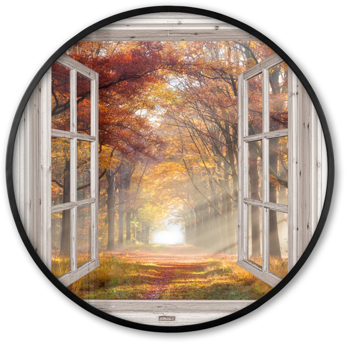 FrameYourWall Poster in lijst Rond - Fotolijst 80x80 cm - Posters - Herfst - Bos - Bomen - Natuur - Doorkijk - Ronde posterlijst zwart - Decoratie - Wanddecoratie woonkamer - Muurdecoratie slaapkamer