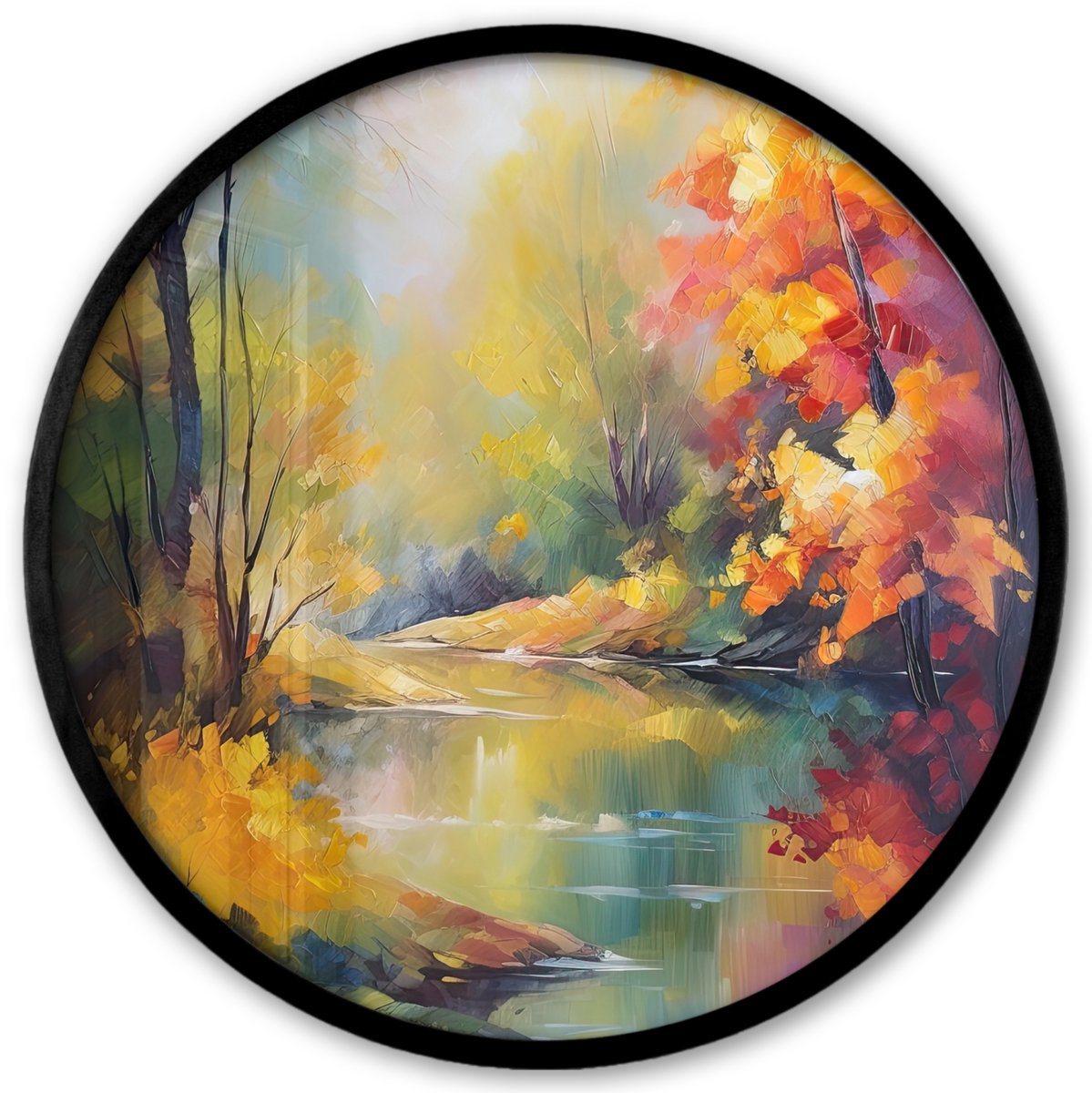 FrameYourWall Poster in lijst Rond - Fotolijst 40x40 cm - Posters - Landschap - Olieverf - Rivier - Kleurrijk - Ronde posterlijst zwart - Decoratie - Wanddecoratie woonkamer - Muurdecoratie slaapkamer Olieverf - Bomen