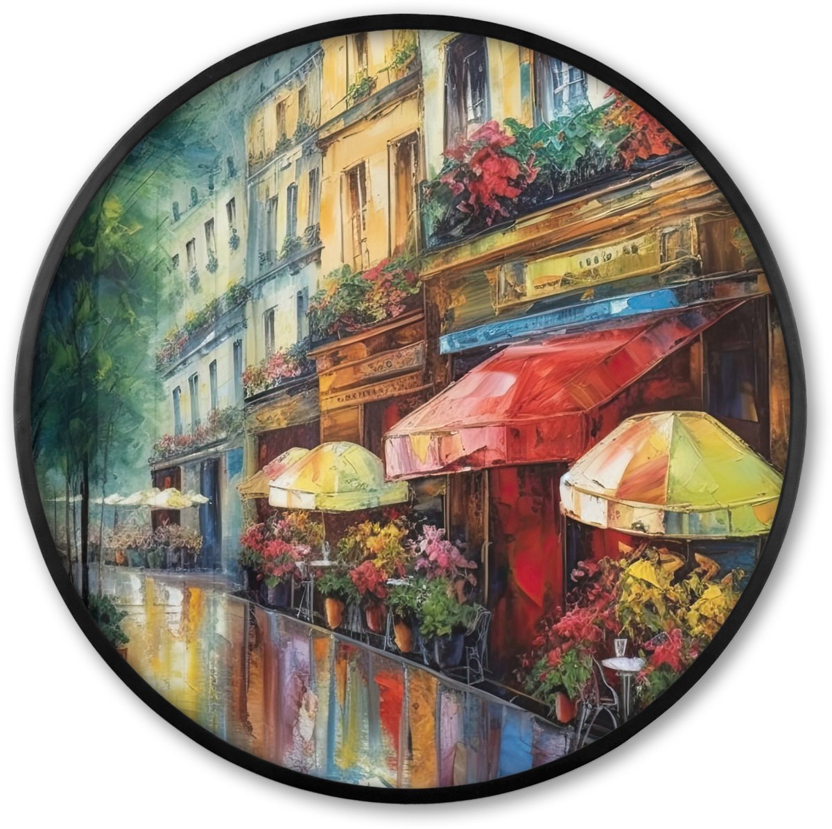 FrameYourWall Poster in lijst Rond - Fotolijst 80x80 cm - Posters - Straat - Olieverf - Kleurrijk - Stad - Ronde posterlijst zwart - Decoratie - Wanddecoratie woonkamer - Muurdecoratie slaapkamer Oil painting - Stad