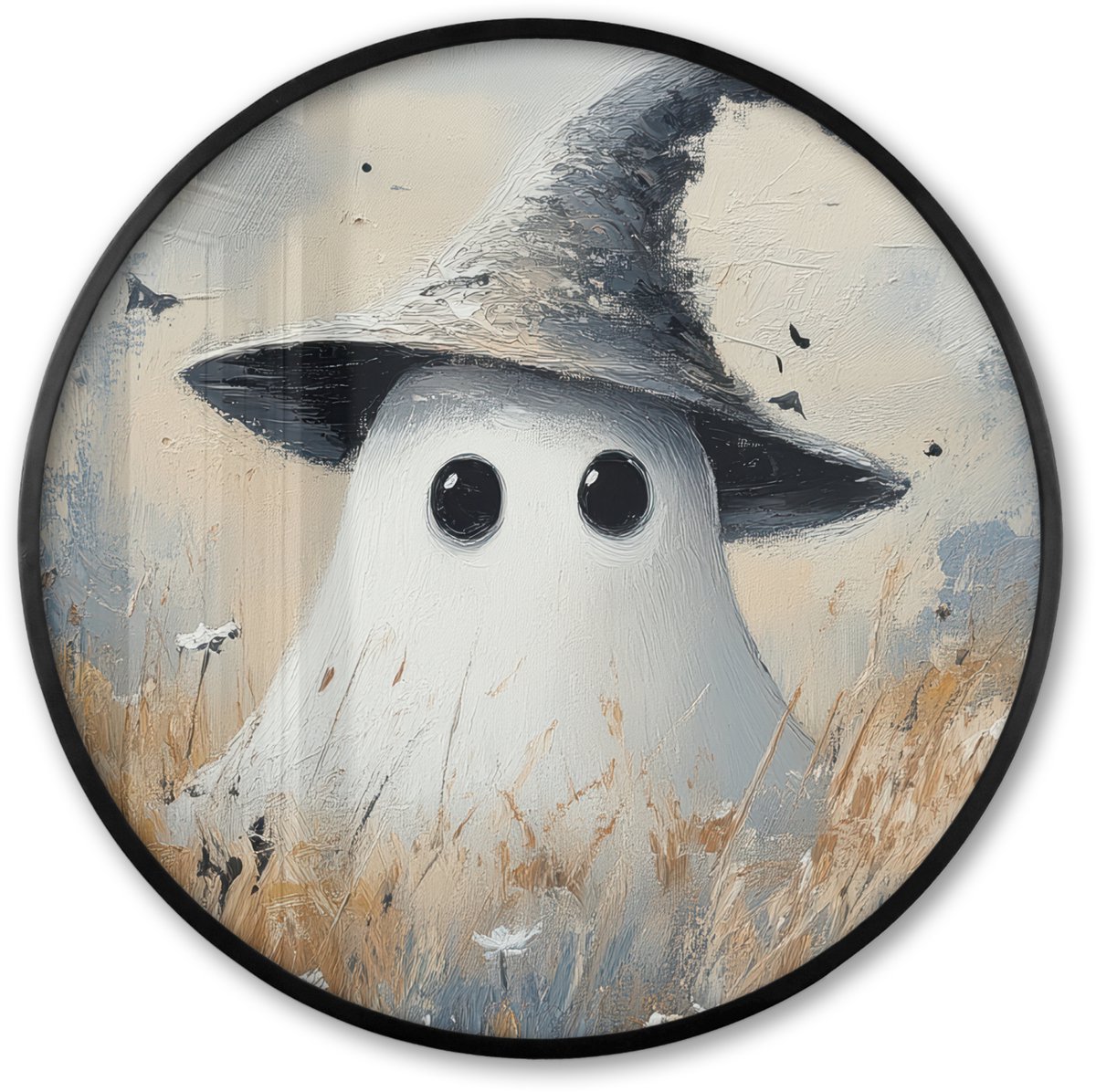 FrameYourWall Poster in lijst Rond - Fotolijst 80x80 cm - Posters - Halloween - Spook - Heksenhoed - Abstract - Grijs - Ronde posterlijst zwart - Decoratie - Wanddecoratie woonkamer - Muurdecoratie slaapkamer