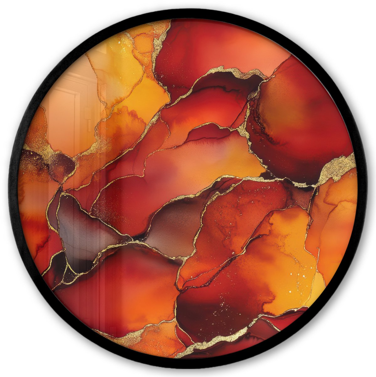 FrameYourWall Poster in lijst Rond - Fotolijst 40x40 cm - Posters - Rood - Marmer - Goud - Herfst kleuren - Abstract - Ronde posterlijst zwart - Decoratie - Wanddecoratie woonkamer - Muurdecoratie slaapkamer